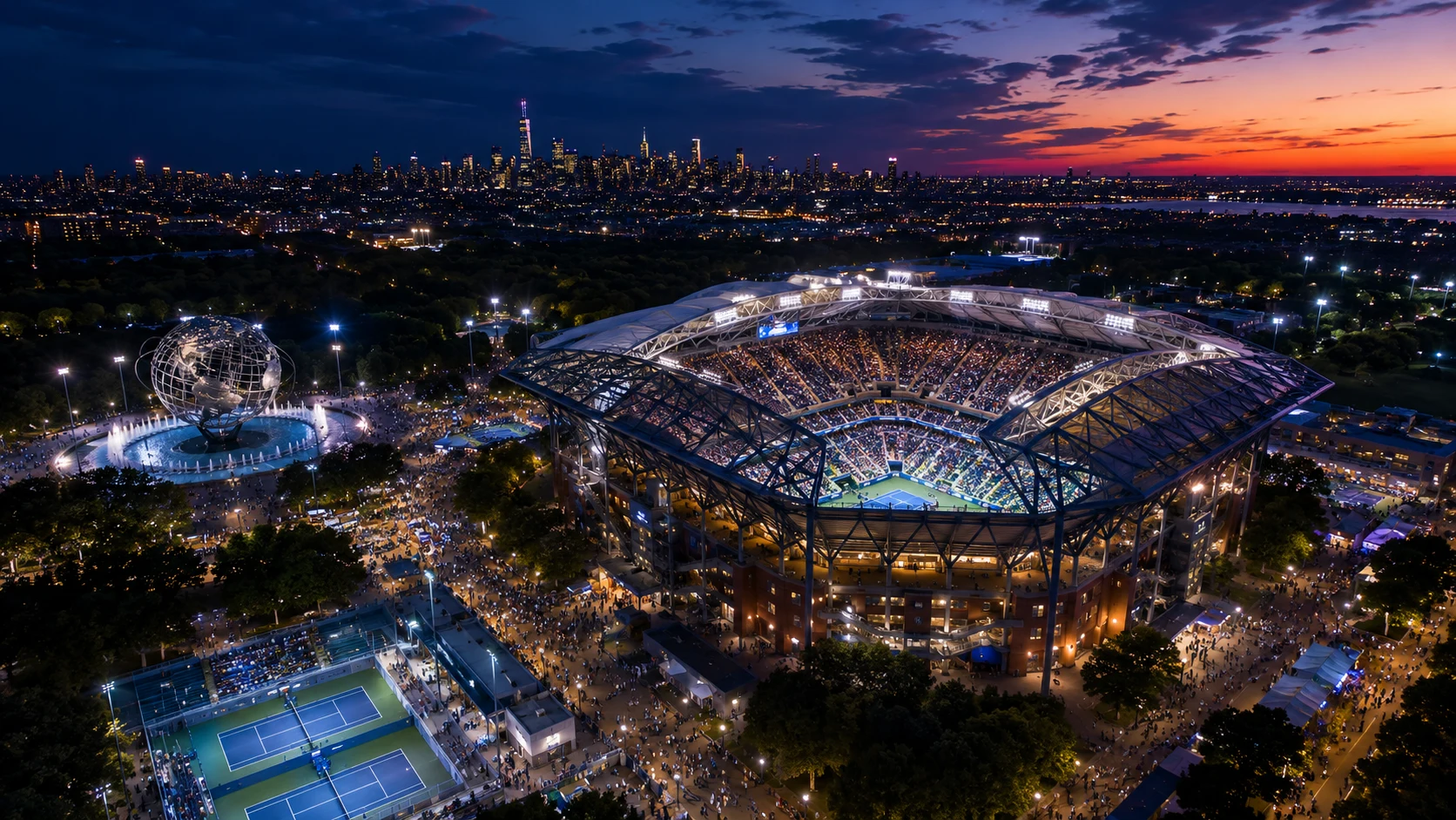 The U.S. Open grounds in Queens at night with the New York skyline